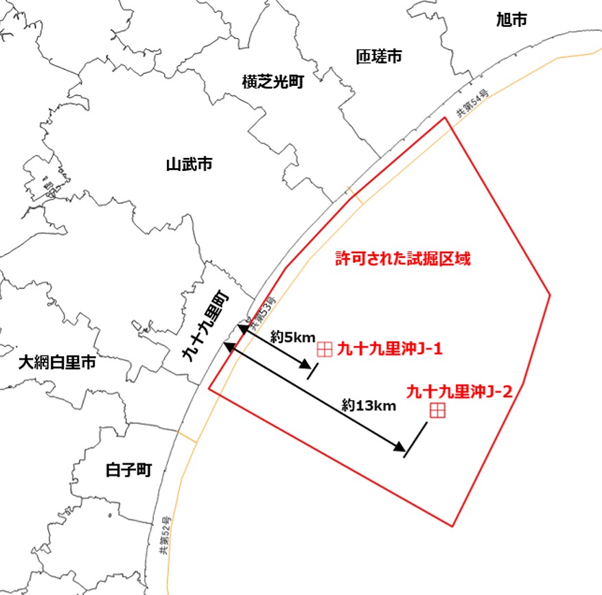 試掘区域と坑井の位置図